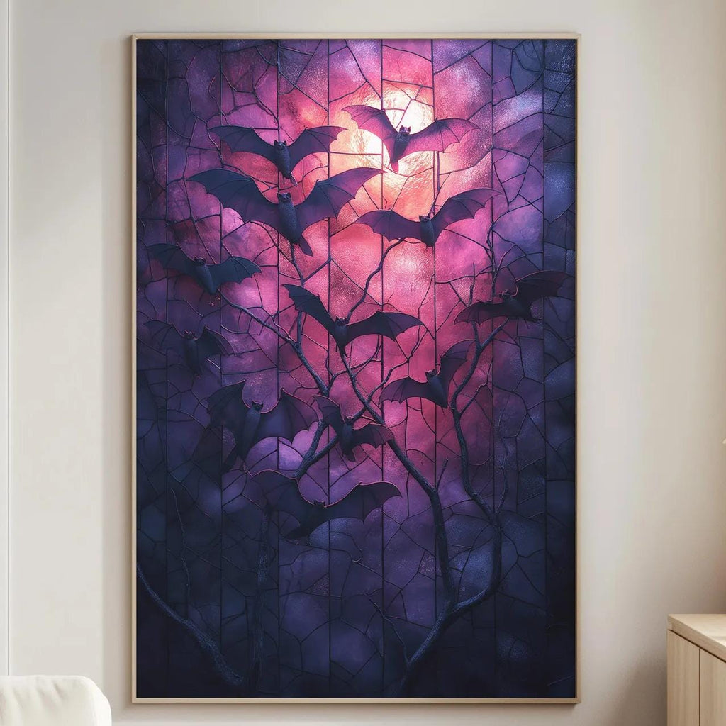 a large framed artwork depicting bats in a dark, purple-hued forest setting, hanging on a wall in a living room.