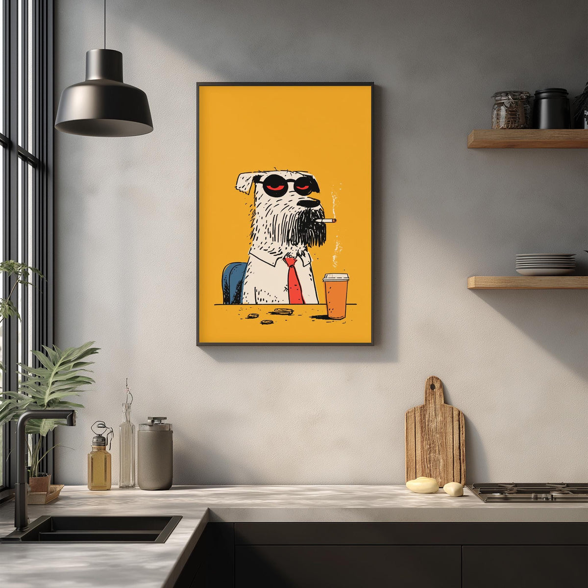a kitchen counter with a framed illustration of a dog wearing a tie and smoking a cigarette, along with various kitchen items such as a cutting board, a bottle, and a cup.