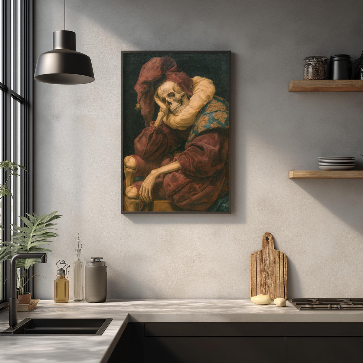 a framed painting of a skeleton in a red robe, hanging on a wall above a kitchen counter with various kitchen items and decor.