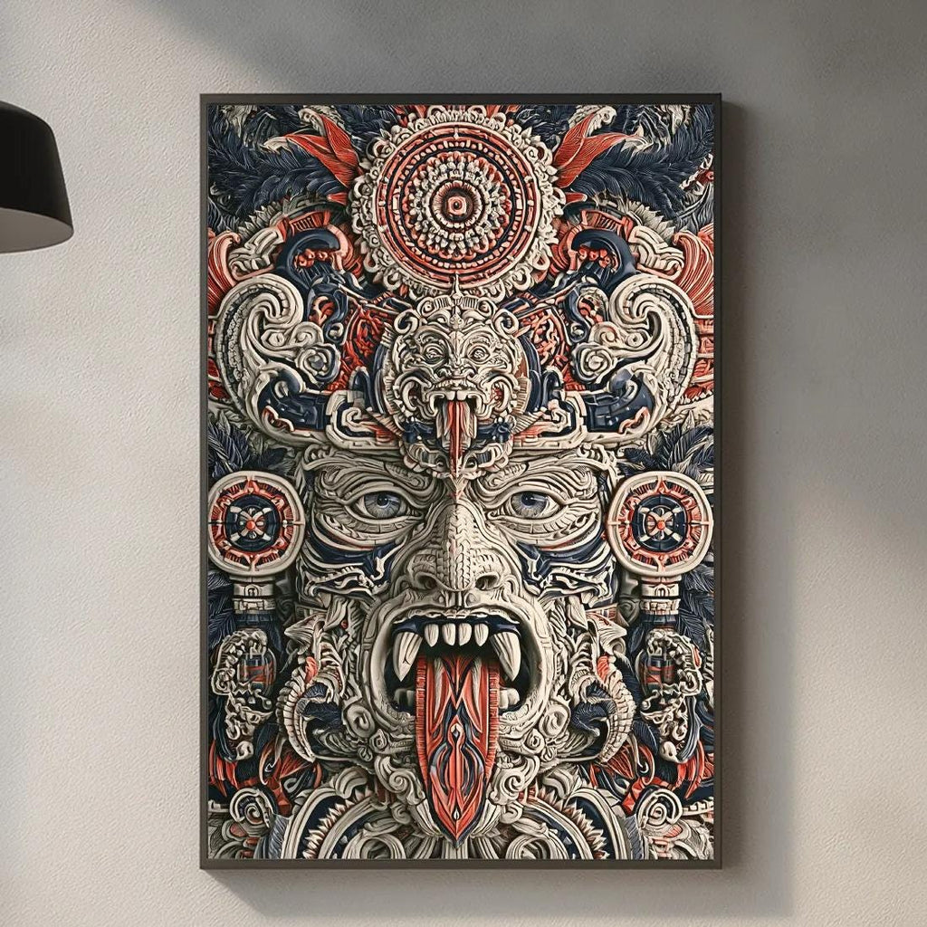 a kitchen counter with various items on it, including a wooden cutting board, a bottle, and a vase. Above the counter, there is a large, colorful, and intricate painting of a face with an open mouth, hanging on the wall.