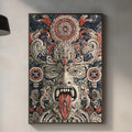 a kitchen counter with various items on it, including a wooden cutting board, a bottle, and a vase. Above the counter, there is a large, colorful, and intricate painting of a face with an open mouth, hanging on the wall.