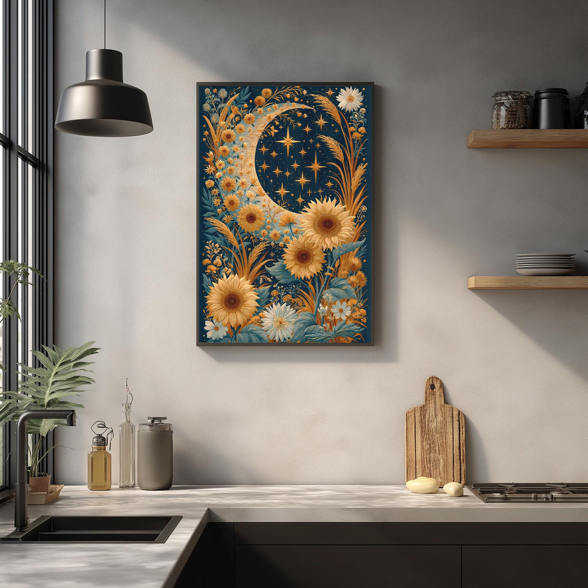 a kitchen counter with a framed artwork of a crescent moon and sunflowers hanging above it. The counter also has various kitchen items such as a cutting board, a soap dispenser, and a bottle.
