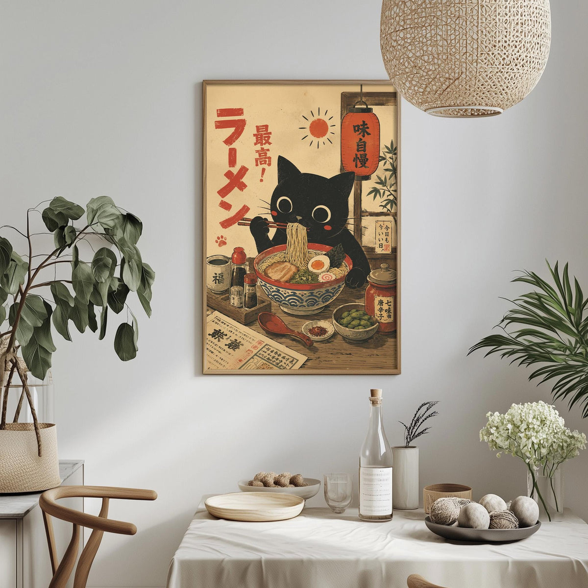 a framed illustration of a black cat sitting in a bowl of noodles, surrounded by various food items and a decorative plant.