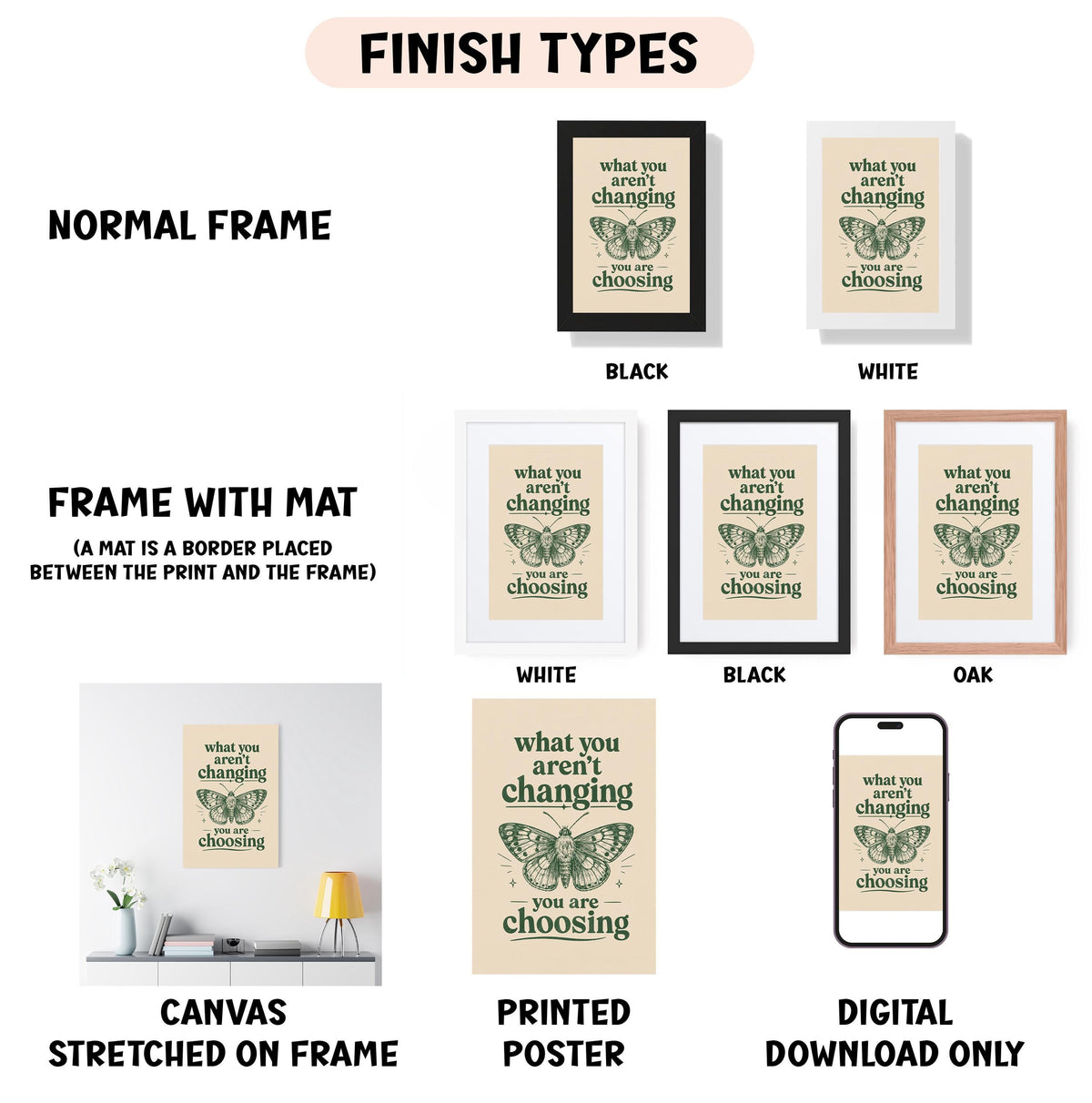 various framed artworks, including a poster and a canvas, each with different finishes and frame types.