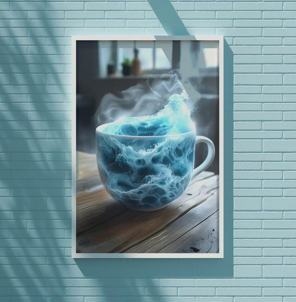 A framed image of a blue mug with steam rising from it, hanging on a light blue wall.