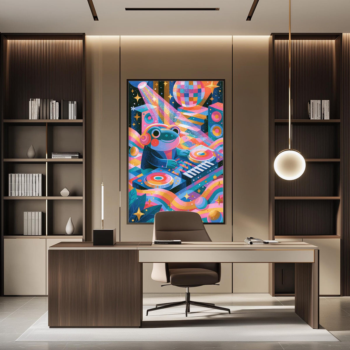 a modern and stylish office space with a large abstract painting hanging on the wall behind a desk. The desk has a chair and a lamp, creating a comfortable workspace.