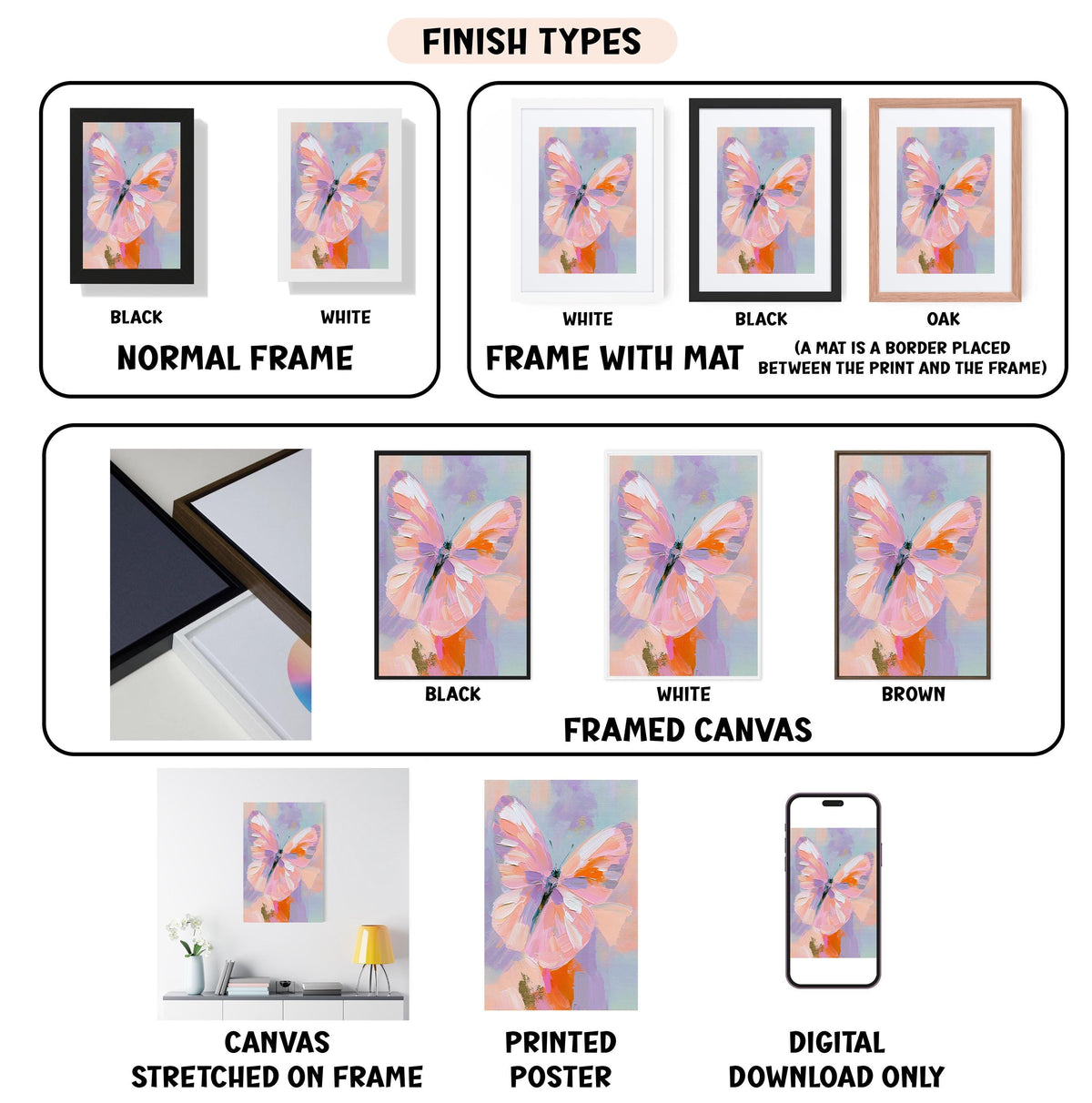 various images of a butterfly in different frames and types, including a canvas, a framed canvas, a stretched canvas, a printed poster, and a digital download.