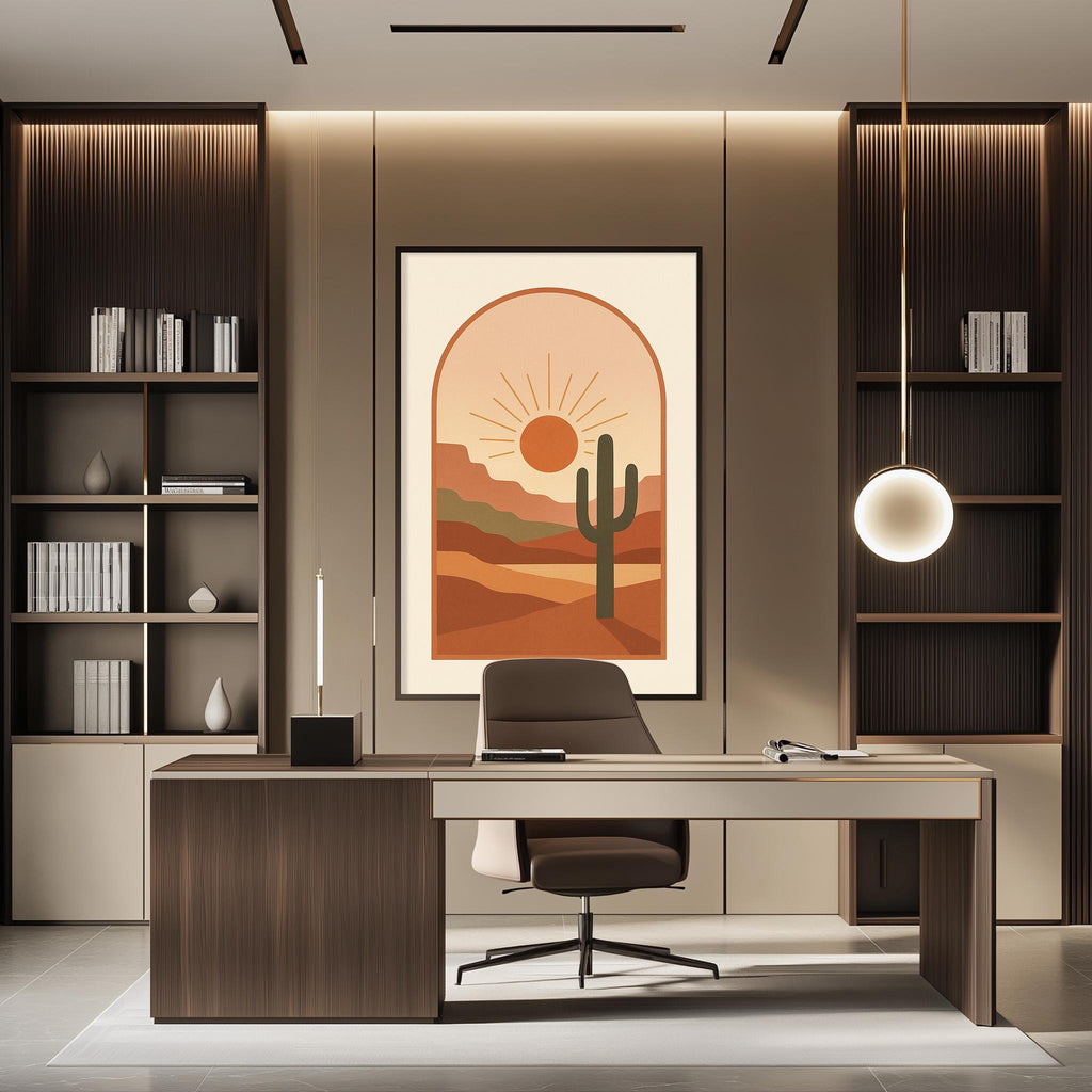 a modern and minimalist office space with a large framed desert landscape artwork on the wall, a wooden desk with a chair, and built-in bookshelves.