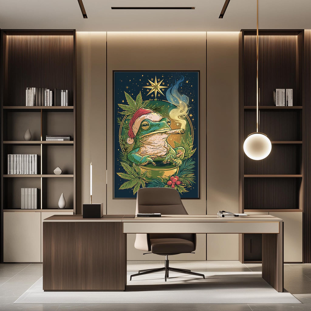a modern office space with a large framed artwork of a frog wearing a Santa hat, surrounded by greenery, on the wall above a desk with a chair.