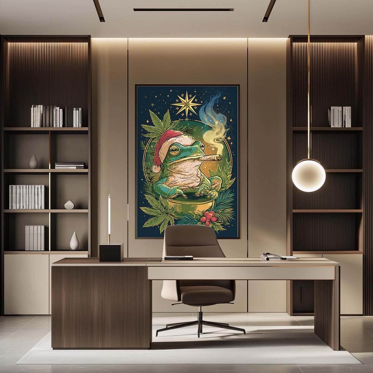a modern office space with a large framed artwork of a frog wearing a Santa hat, surrounded by greenery, on the wall above a desk with a chair.