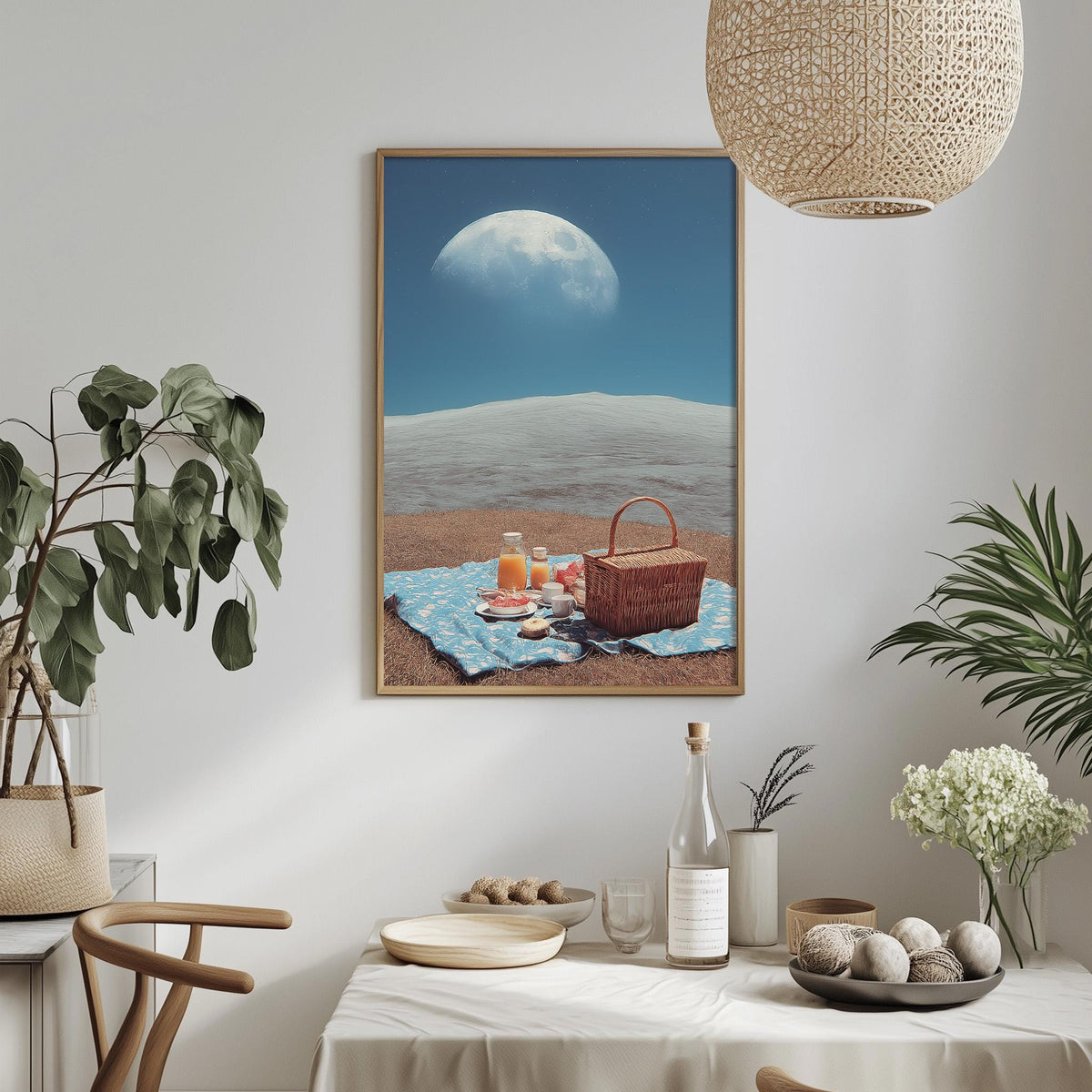 a serene beach scene with a picnic blanket spread out on the sand, a basket filled with food, and a bottle of wine on the table. The backdrop features a large moon in the sky, creating a peaceful and relaxing atmosphere.