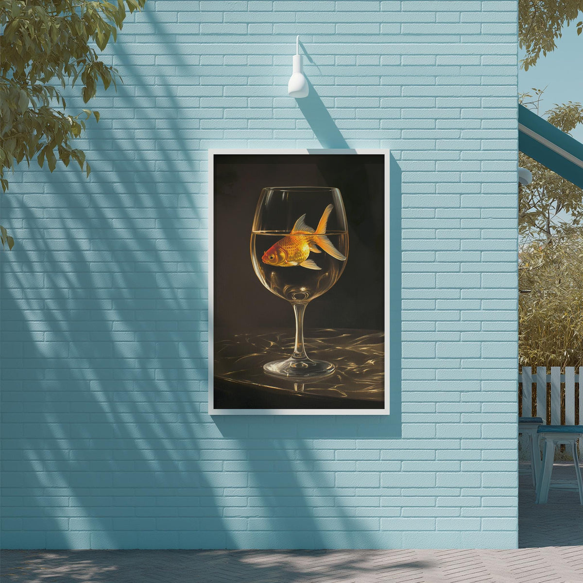 A framed painting of a goldfish swimming in a glass of water is displayed on a blue wall.