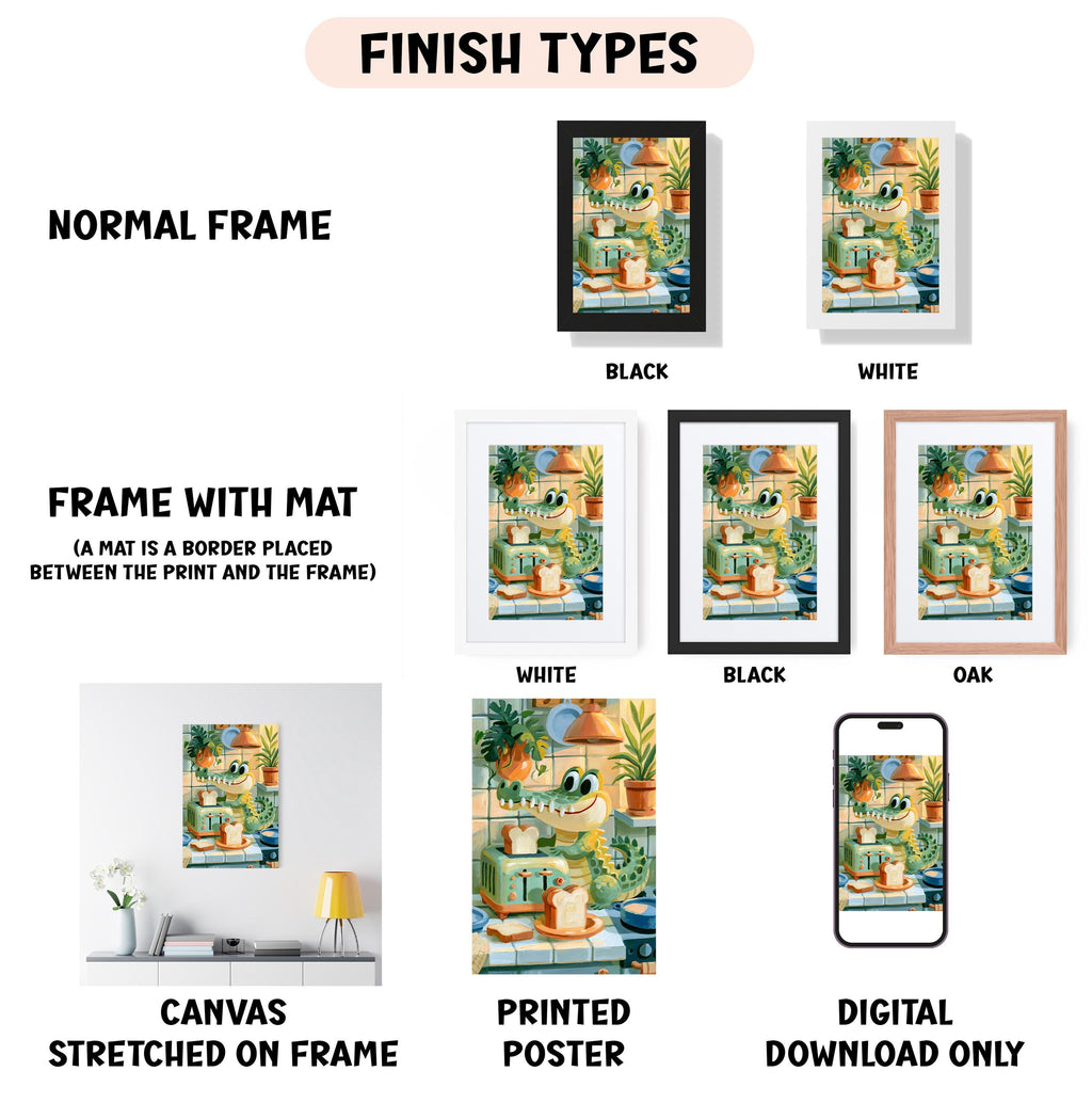 various types of framed artwork, including a normal frame, a frame with a mat, a white frame, a black frame, an oak frame, a white canvas stretched on a frame, a printed poster, and a digital download only.