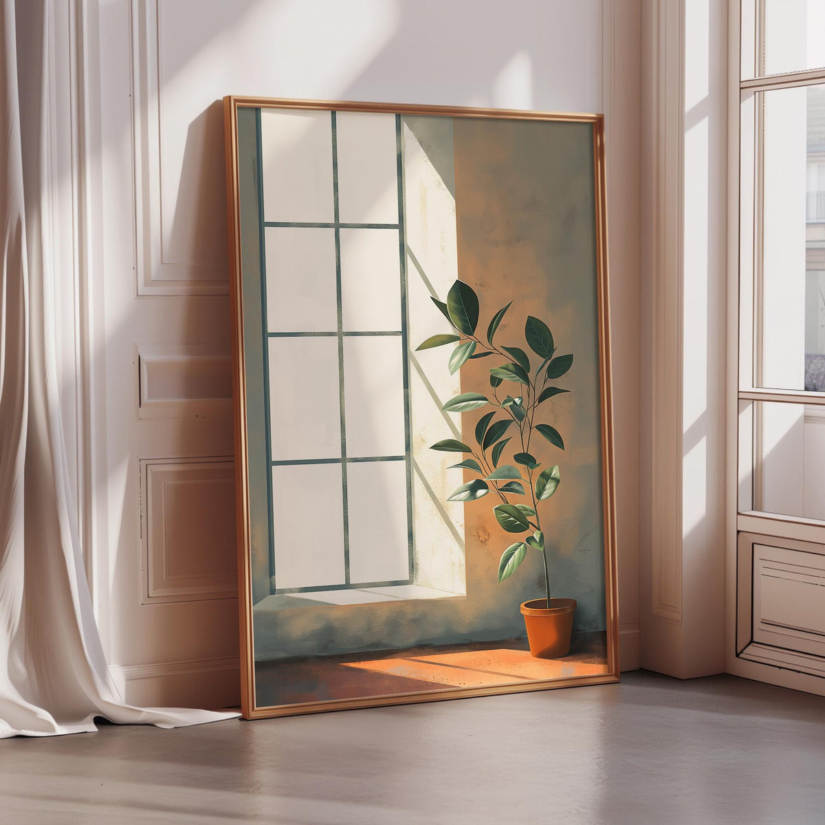 A large, framed painting depicting a potted plant with green leaves, positioned in front of a window with sunlight streaming through it, creating a serene and peaceful atmosphere in the room.