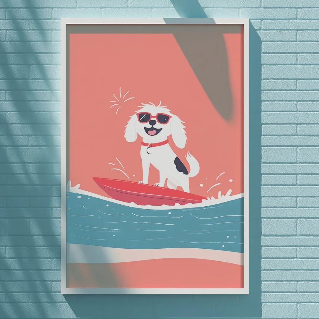 A framed illustration of a dog surfing on a red surfboard is displayed on a blue wall, with a tree and a white light fixture above it.