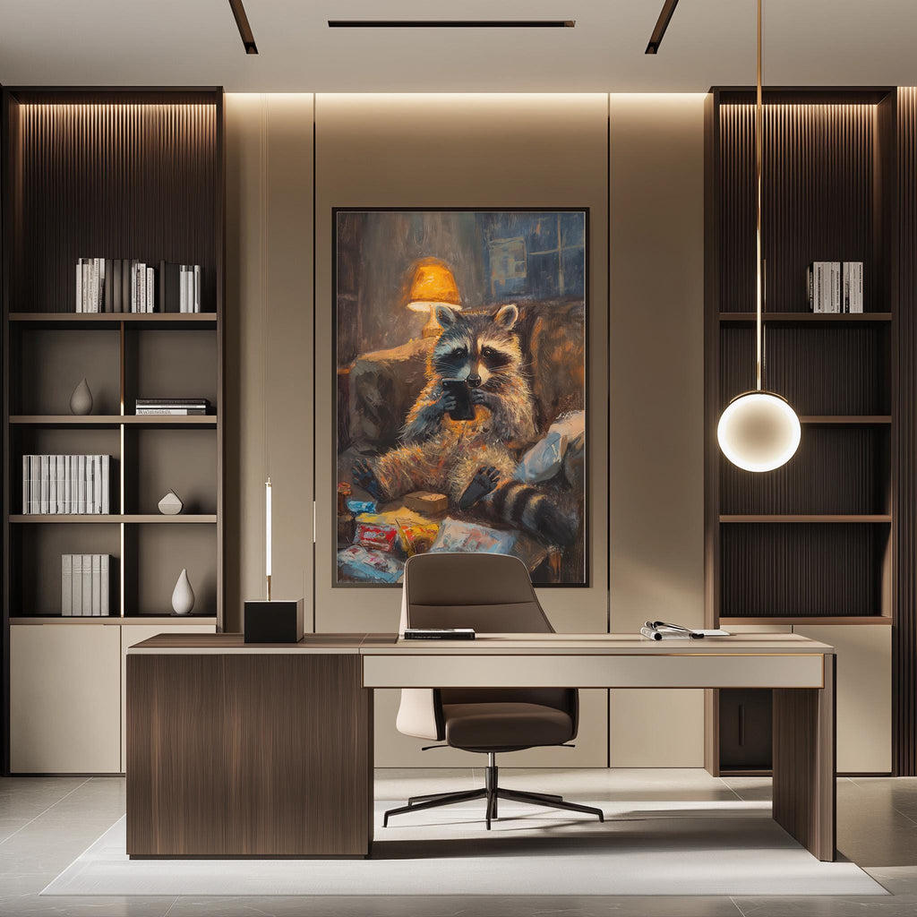 a modern office space with a large painting of a raccoon on the wall, a wooden desk with a chair, and built-in bookshelves.