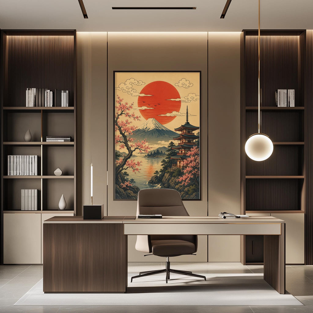 a modern office space with a large framed picture of a Japanese landscape hanging on the wall, depicting a cherry blossom tree and a mountain with a temple. The office has a wooden desk and chair, and the room is well-lit with a pendant light hanging from the ceiling.