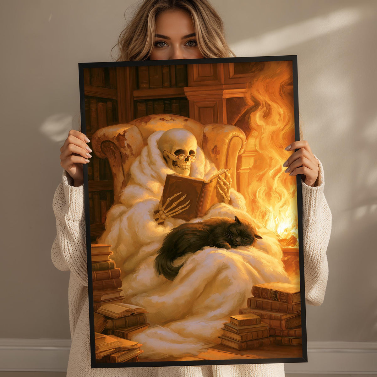 A woman holds up a framed painting depicting a skeleton reading a book while a cat sleeps on a blanket in front of a fireplace.