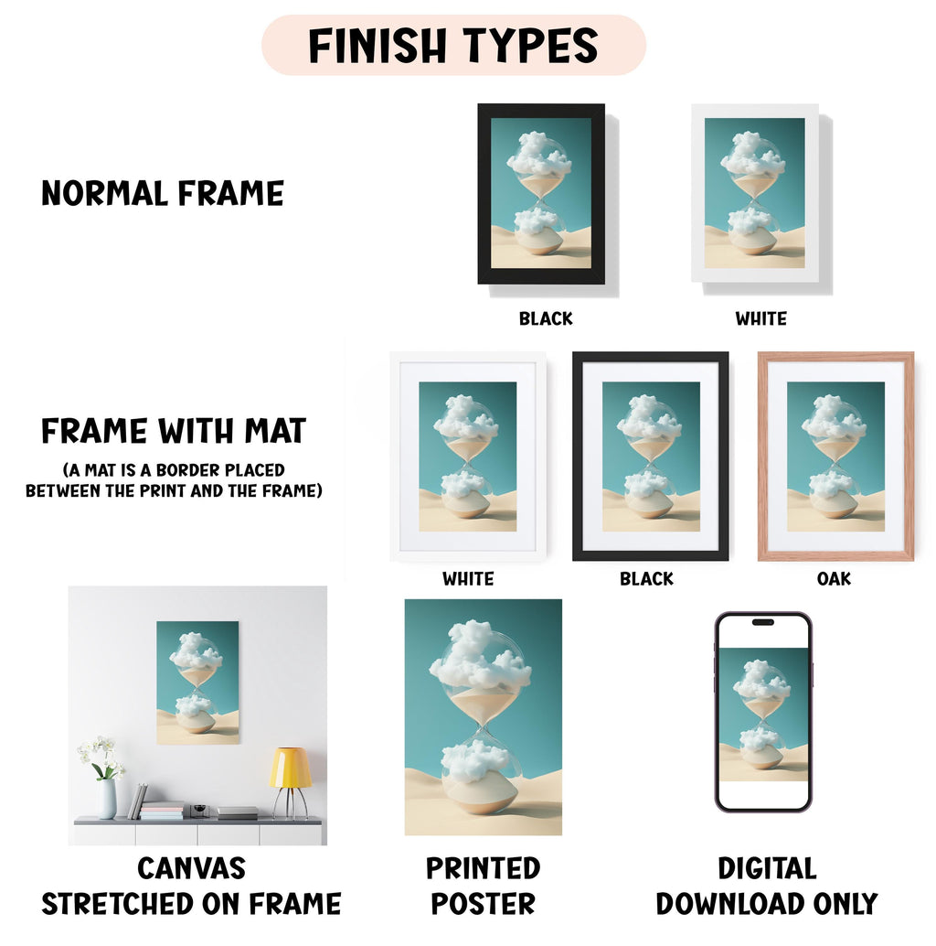 various framed artworks, including a normal frame, a frame with a mat, a white frame, a black frame, an oak frame, a white frame, a black frame, a printed poster, and a digital download only. The artworks are displayed in different frames, showcasing the versatility of the artworks and their ability to fit into various frames.