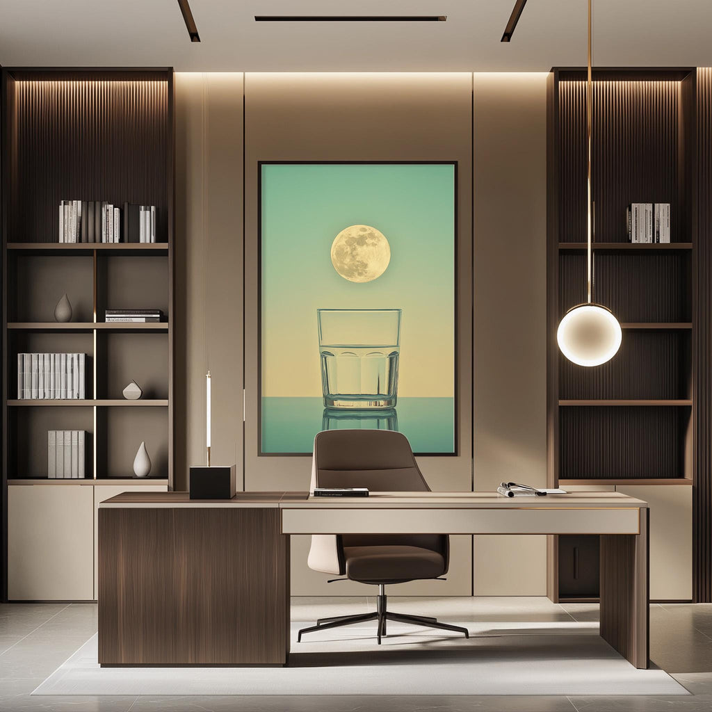 a modern and minimalist office space with a desk, chair, and bookshelves. The desk has a large computer monitor, and the bookshelves are filled with various books and decorative items. The office features a large window that allows natural light to enter the space, and a painting of a chair and a moon is displayed on the wall.