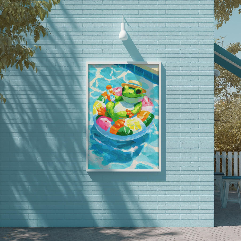 A framed painting of a frog sitting in a pool of colorful water, surrounded by various fruits, is displayed on a blue wall.