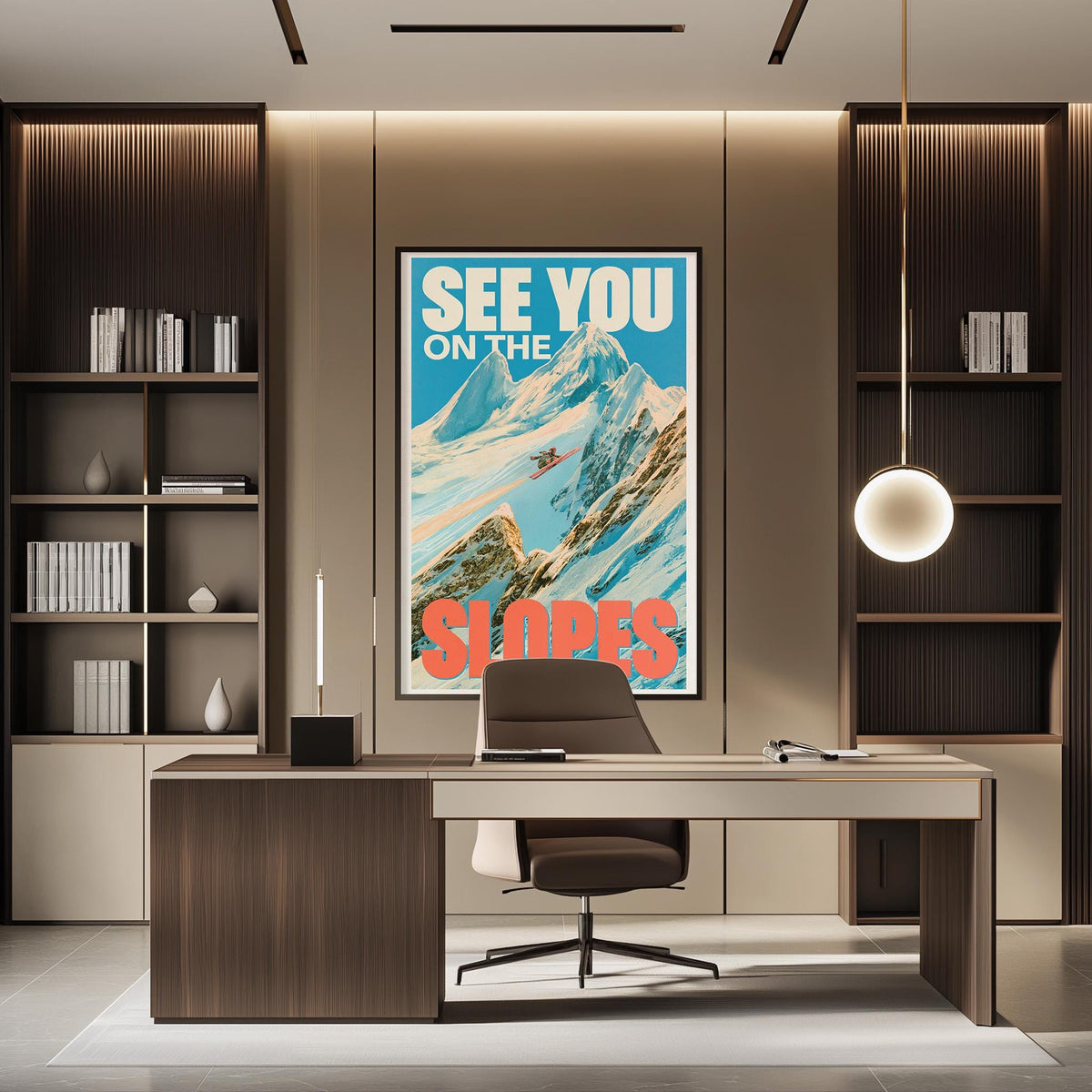 a modern office space with a large poster of a mountain landscape hanging on the wall, a desk with a chair, and a bookshelf filled with books.