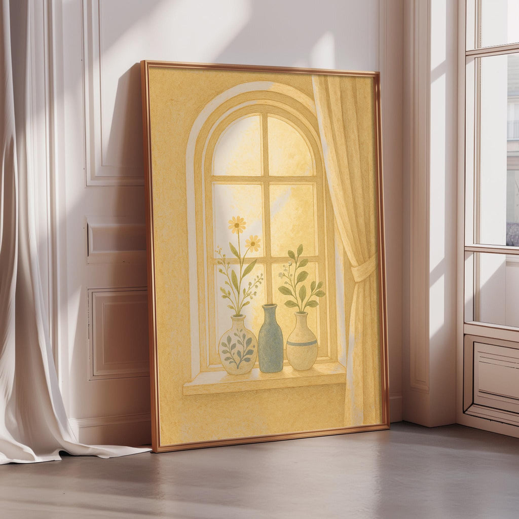 A framed painting depicting a window with flowers and plants on the sill, set against a yellow background.