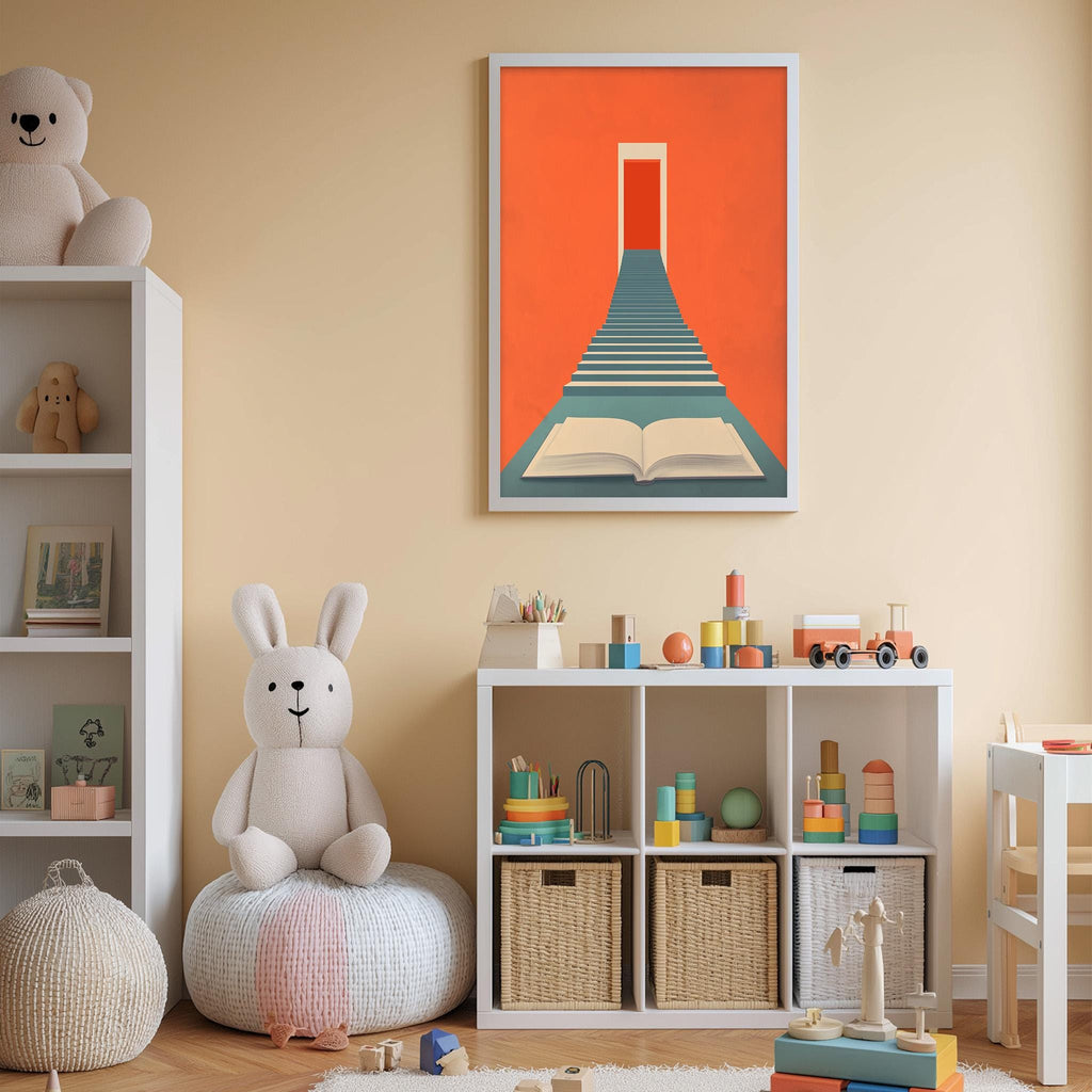 A cozy children's room with a bookshelf, stuffed animals, and a colorful abstract painting on the wall.