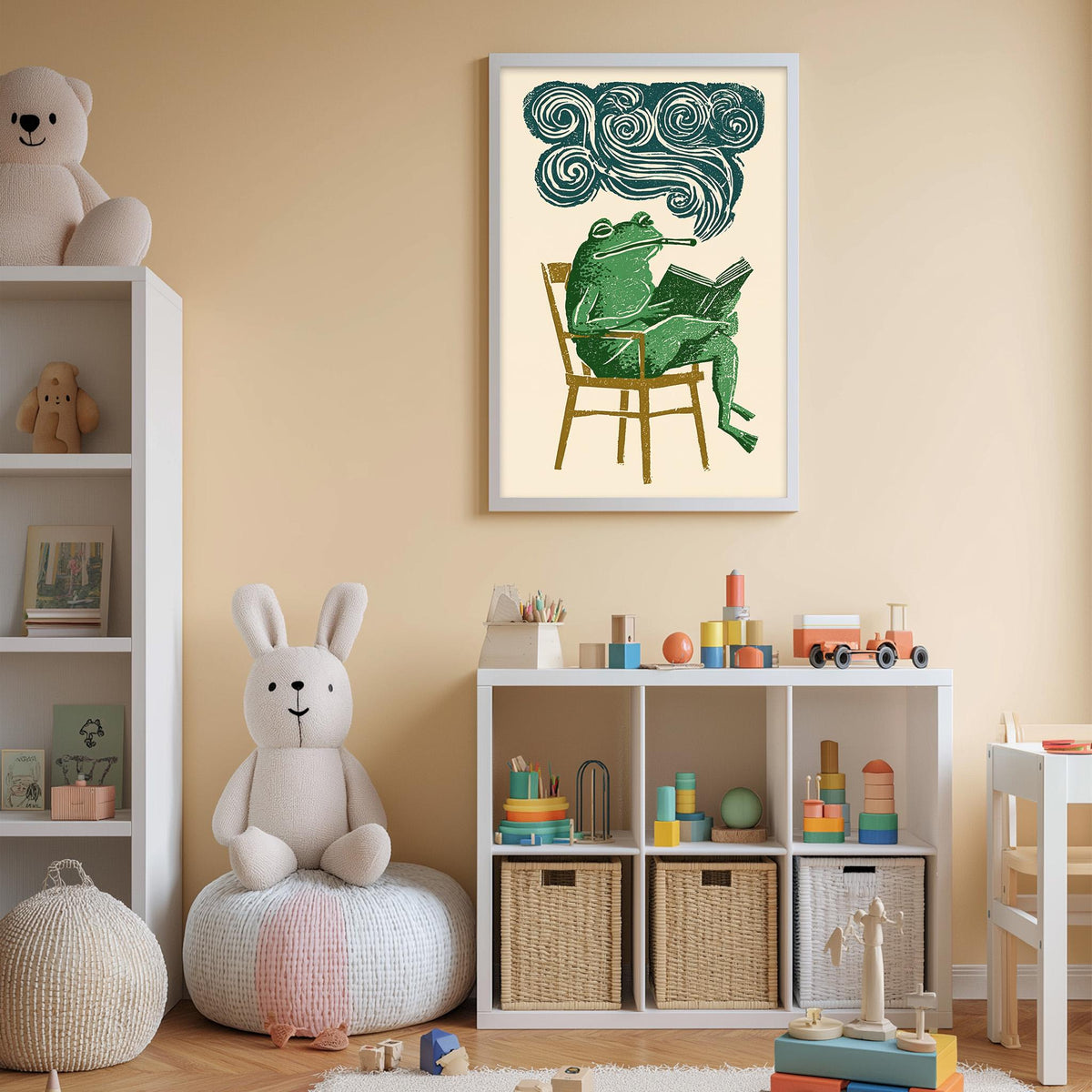 A child's bedroom with a white bookshelf, a stuffed rabbit, and a framed illustration of a frog reading a book.
