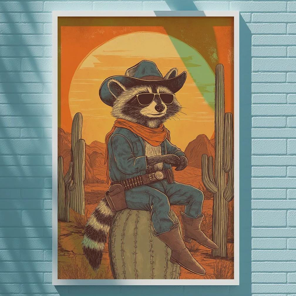 a raccoon wearing a cowboy hat and sitting on a cactus, set against a desert landscape with a cactus and a sunset in the background.