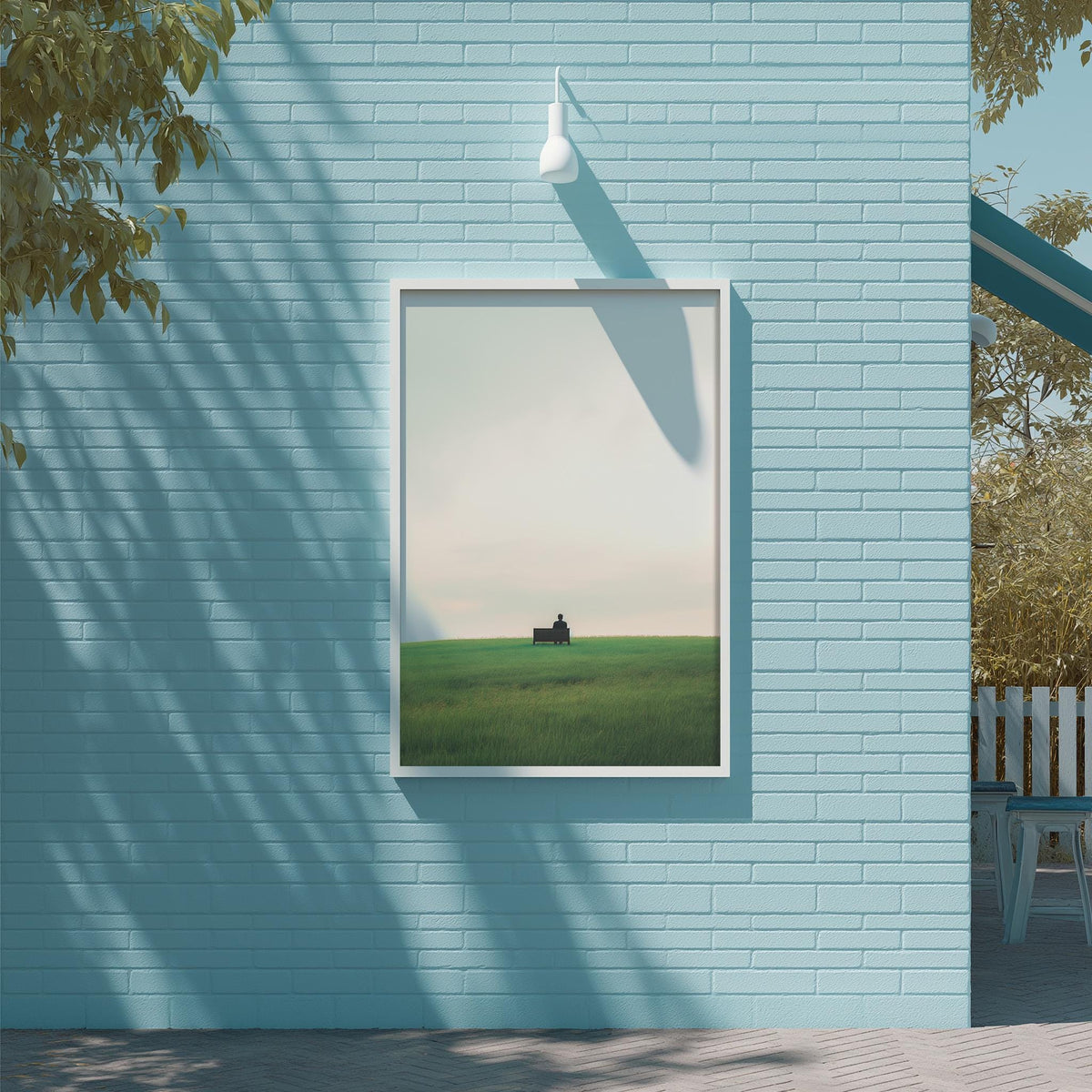 a blue brick wall with a framed picture of a field and a small building in the distance.