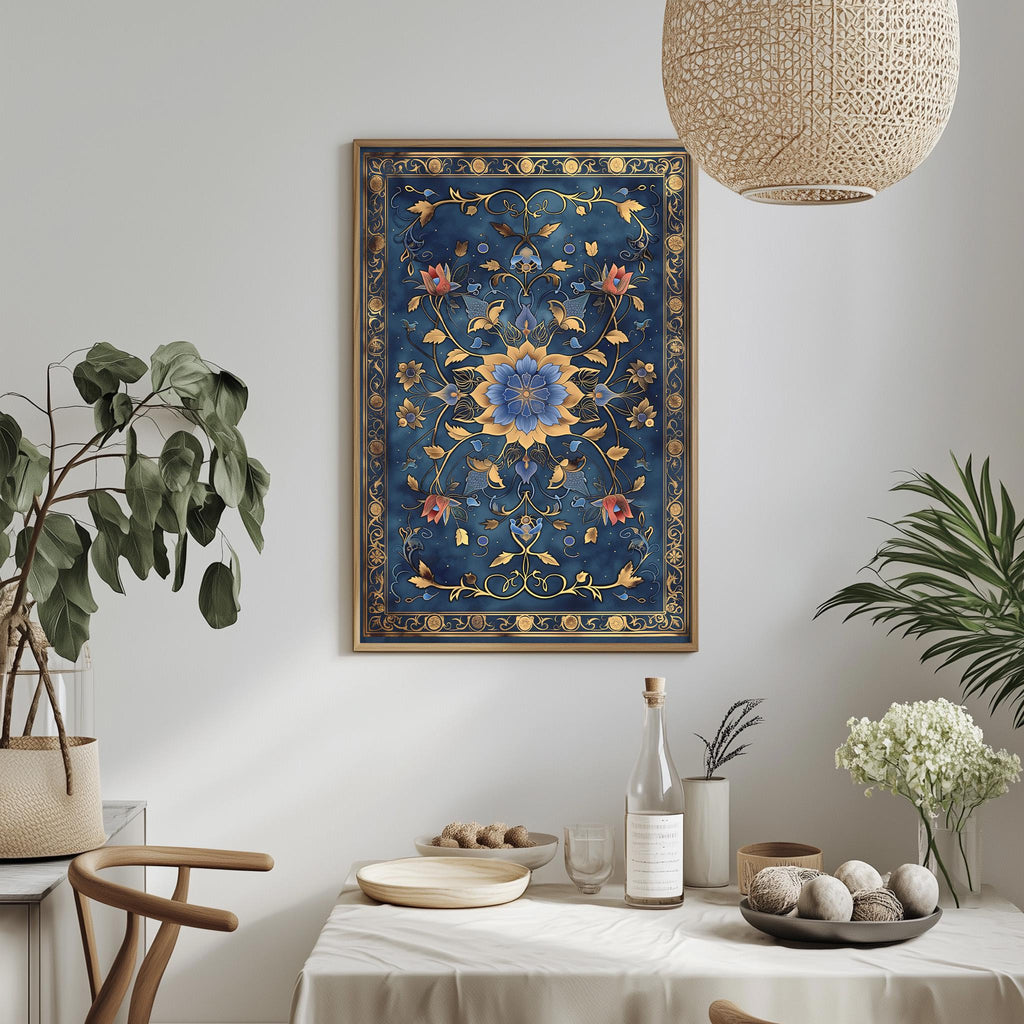 a dining room with a table set for a meal, a potted plant, a hanging light fixture, and a framed artwork on the wall.