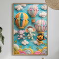 a vibrant and whimsical scene of a group of colorful hot air balloons floating in a blue sky, accompanied by a playful elephant, lion, and other animals. The scene is set against a backdrop of fluffy clouds, creating a sense of wonder and joy. The image is framed and displayed on a wall, adding a touch of charm and whimsy to the room.