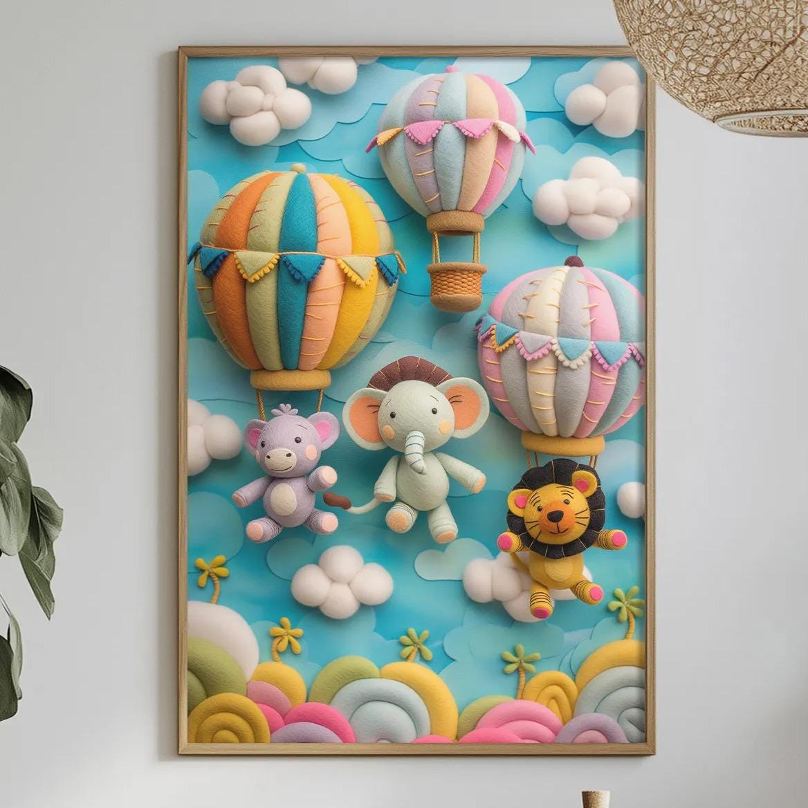 a vibrant and whimsical scene of a group of colorful hot air balloons floating in a blue sky, accompanied by a playful elephant, lion, and other animals. The scene is set against a backdrop of fluffy clouds, creating a sense of wonder and joy. The image is framed and displayed on a wall, adding a touch of charm and whimsy to the room.