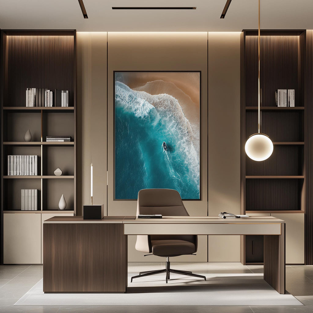 a modern office space with a large wall-mounted painting depicting a seascape with a surfer riding a wave. The office has a wooden desk, a comfortable-looking chair, and a bookshelf filled with books. The overall design and decor create a serene and professional atmosphere.