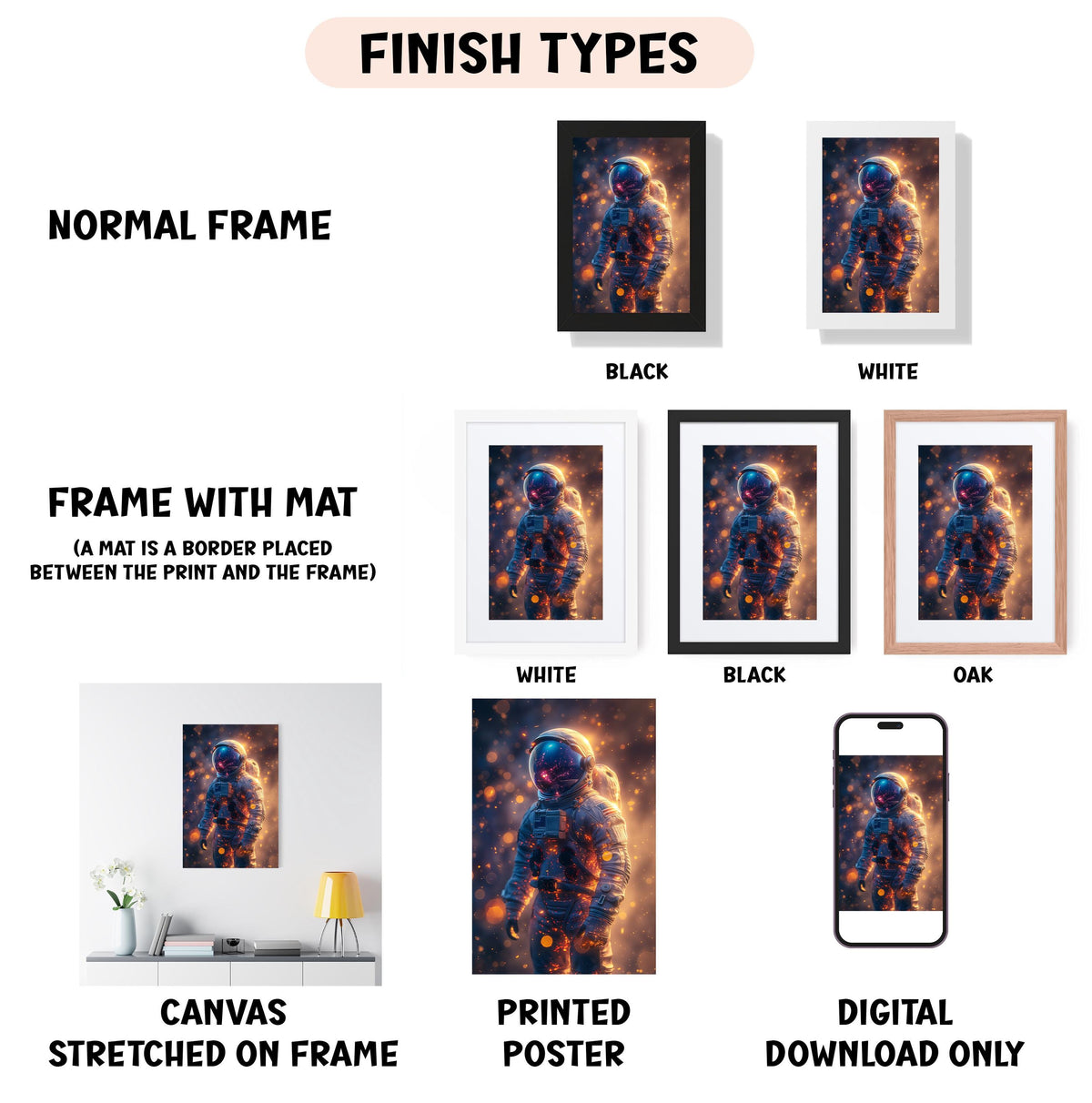 various types of artwork, including a canvas stretched on a frame, a framed poster, and a digital poster. The artwork features a space theme, with a depiction of an astronaut. The image also includes descriptions for each artwork type, such as "NORMAL FRAME", "FRAME WITH MAT (A MAT IS A BORDER PLACED BETWEEN THE PRINT AND THE FRAME)", "CANVAS STRETCHED ON FRAME", "PRINTED POSTER", and "DIGITAL DOWNLOAD ONLY".