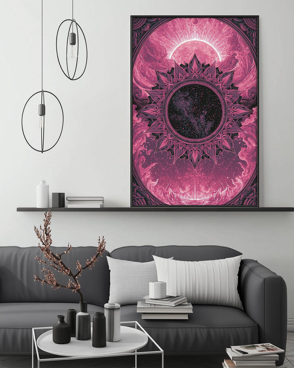 a modern living room with a gray sofa, a coffee table, and a large abstract painting hanging on the wall above the sofa.