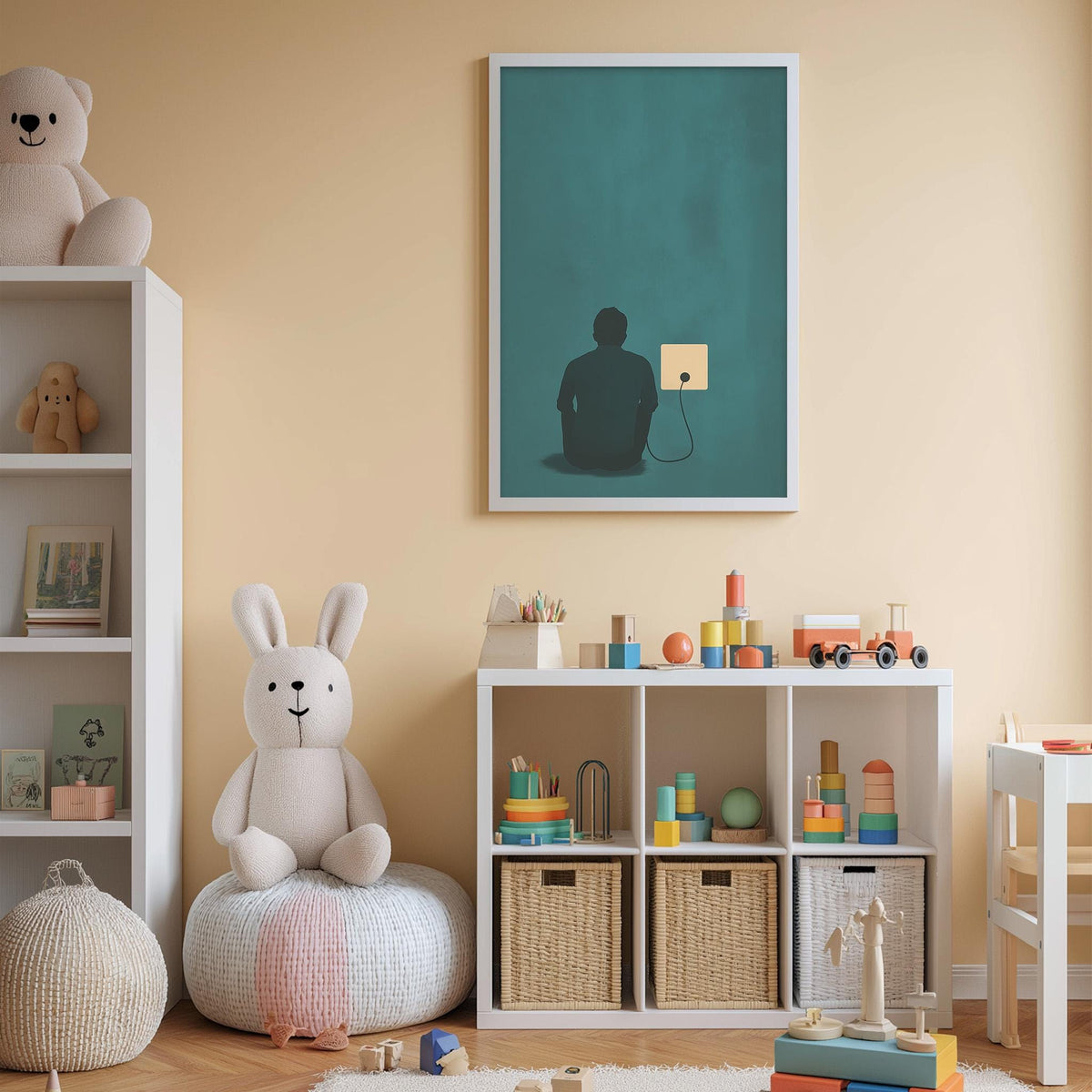 A cozy children's room with a white bookshelf, a plush white bunny, and a colorful toy box filled with toys. The room has a warm, inviting atmosphere with a framed artwork on the wall and a shelf displaying various toys.