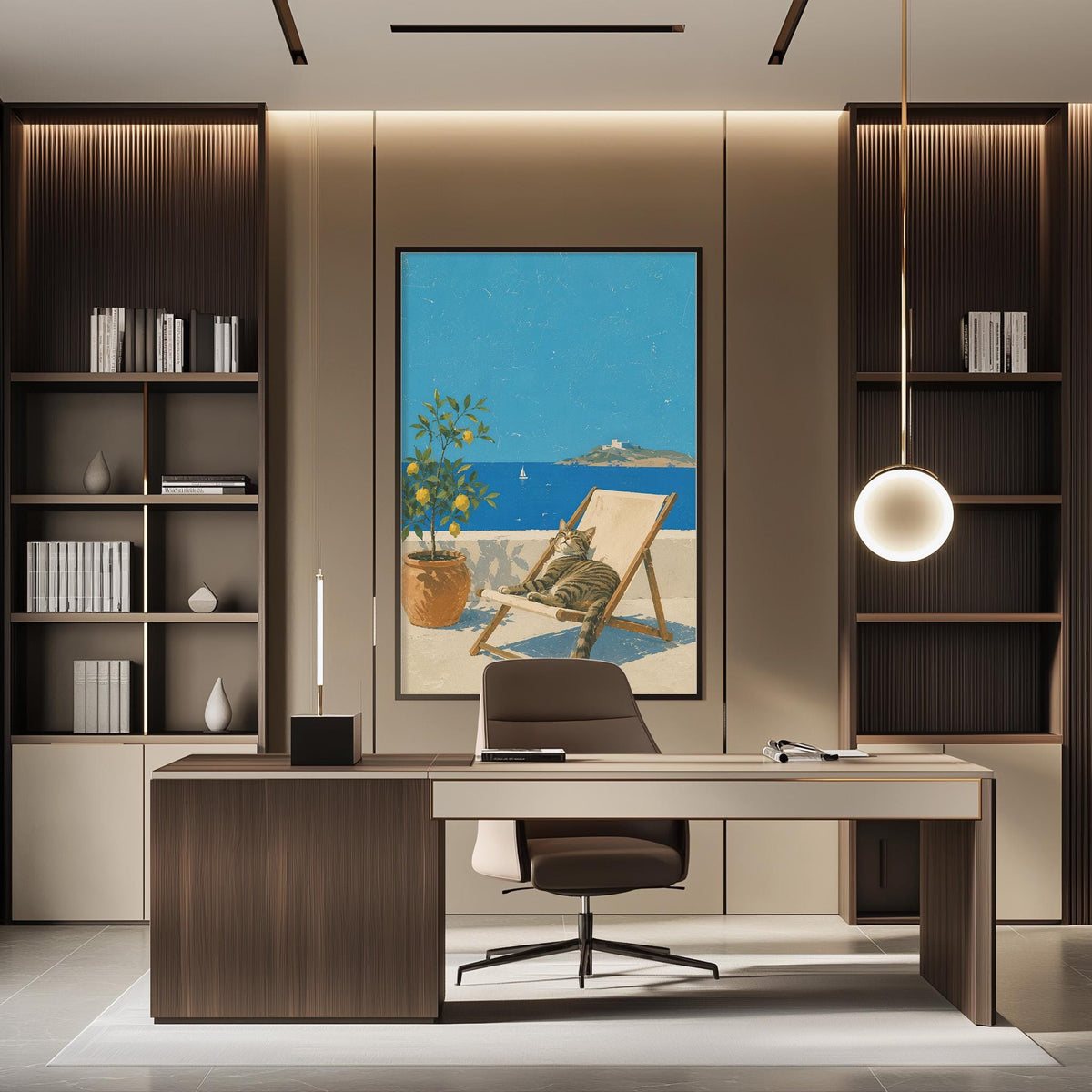 a modern office space with a large window overlooking a beach, a comfortable lounge chair, and a desk with a computer.