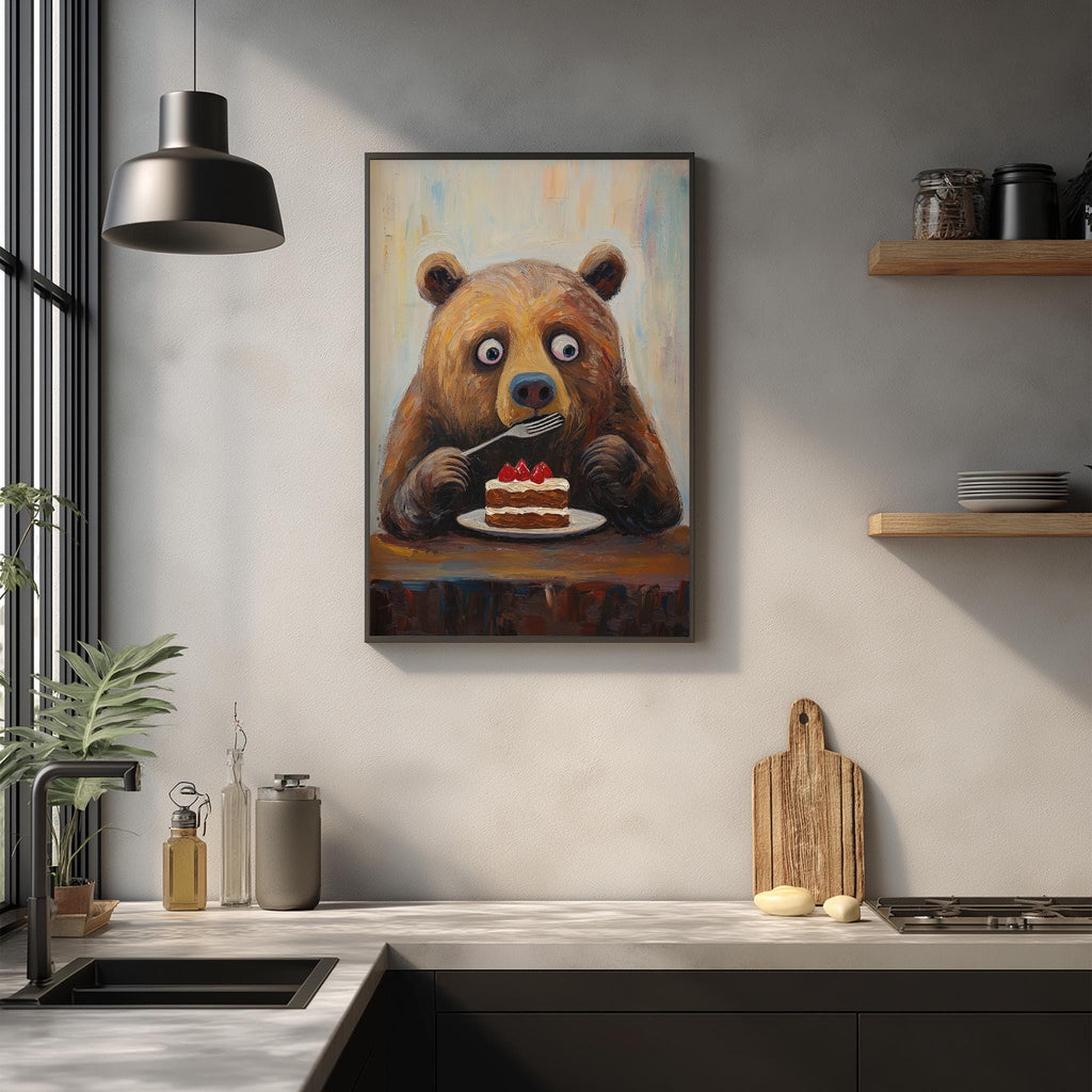 a kitchen scene with a framed painting of a bear sitting at a table and eating a cake. The painting is hanging on the wall above a kitchen counter with various kitchen items such as a cutting board, a knife, and a bottle.