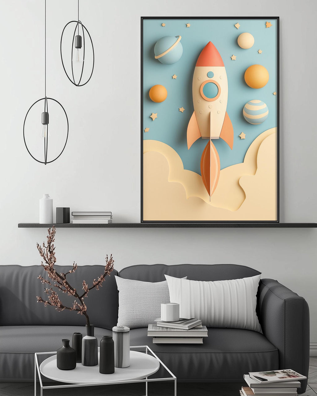 a modern living room with a gray sofa, a coffee table, and a large framed artwork depicting a rocket ship soaring through a space scene.