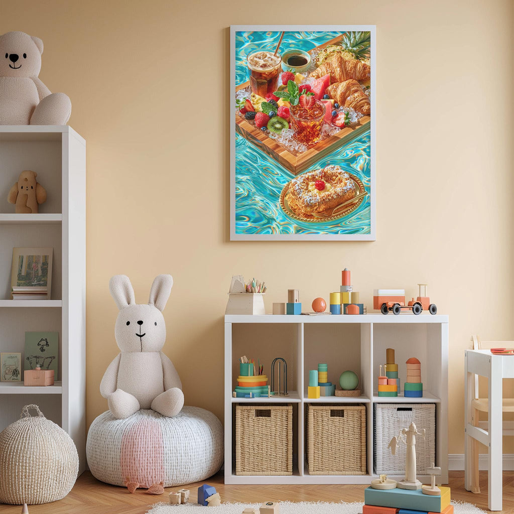 A child's bedroom with a white bookshelf, a stuffed rabbit, and a colorful painting of food on the wall.