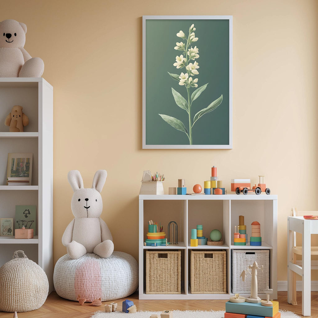 A cozy and colorful children's bedroom with a large stuffed bunny, a bookshelf, and a toy storage unit filled with toys and books.
