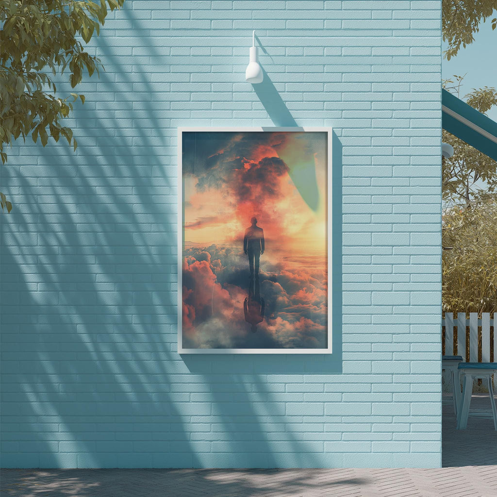 a person standing in front of a large framed picture on a blue brick wall, with a serene scene of clouds and a sunset in the background.
