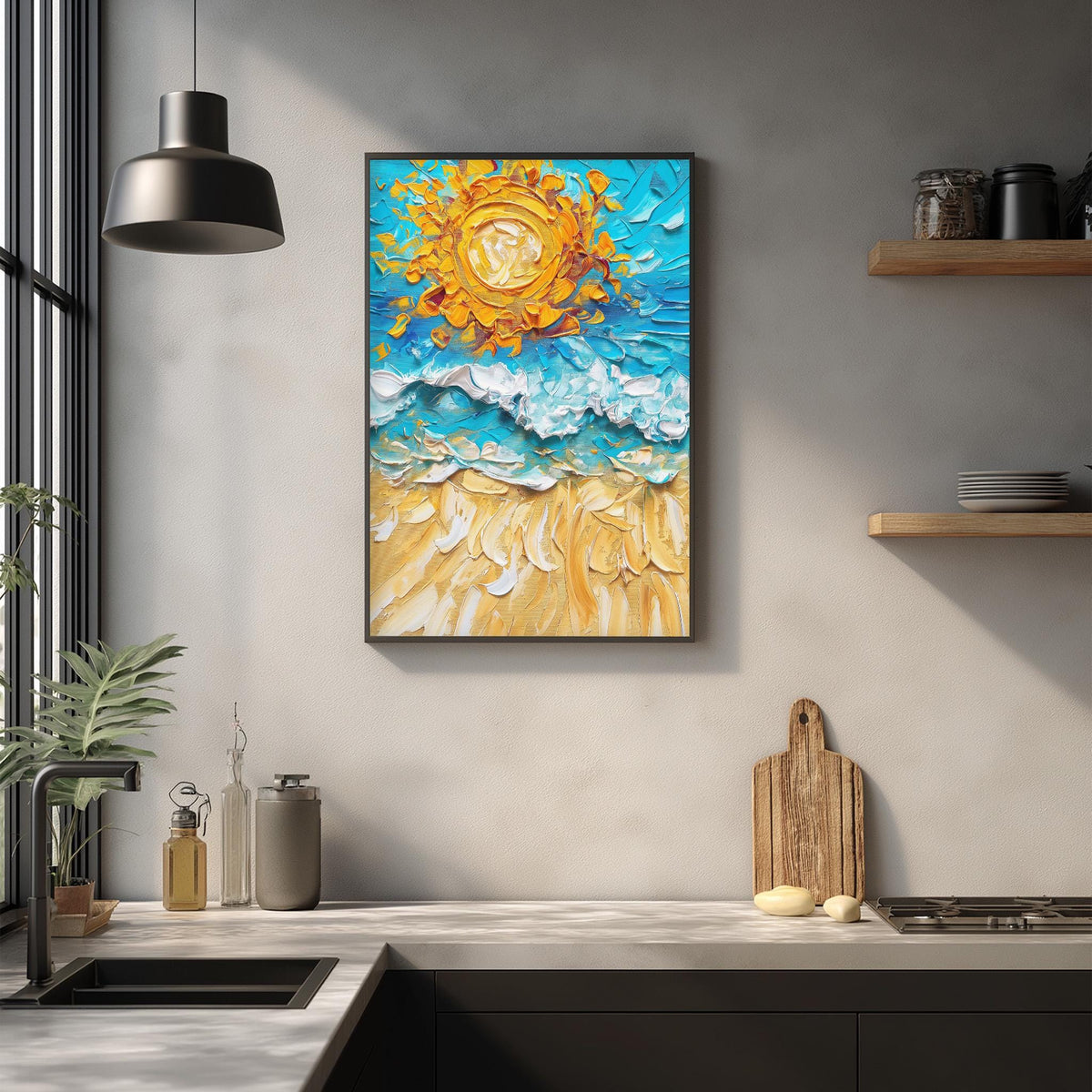 a kitchen counter with a framed painting of a beach scene hanging above it. The painting depicts a vibrant beach scene with a sun and waves, creating a serene and relaxing atmosphere.