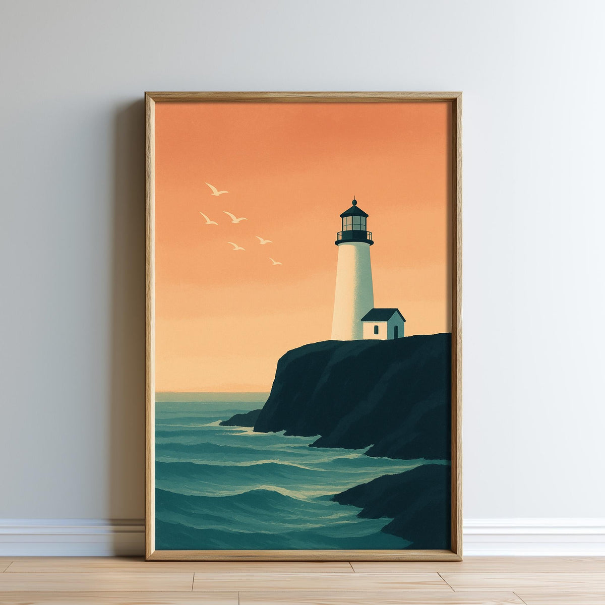 A framed illustration depicting a lighthouse on a cliff overlooking the ocean, with a flock of seagulls flying in the background.