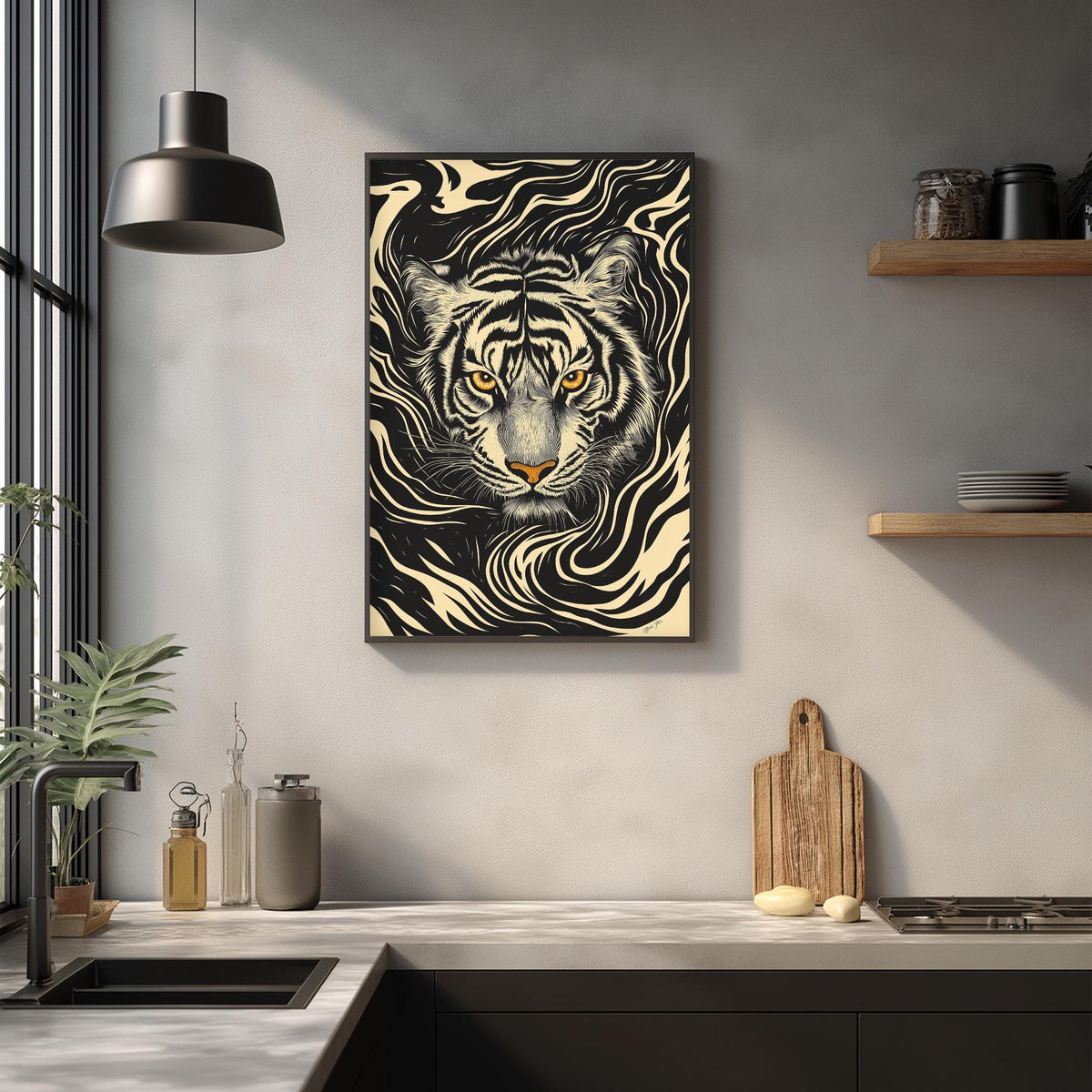 a kitchen counter with a wooden cutting board, a potted plant, and a framed artwork of a tiger's face on the wall above it.