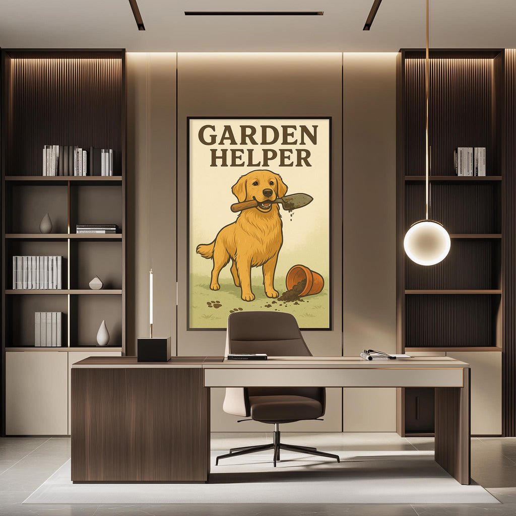 a modern office space with a large poster of a dog holding a shovel in its mouth, positioned above a desk with a chair.