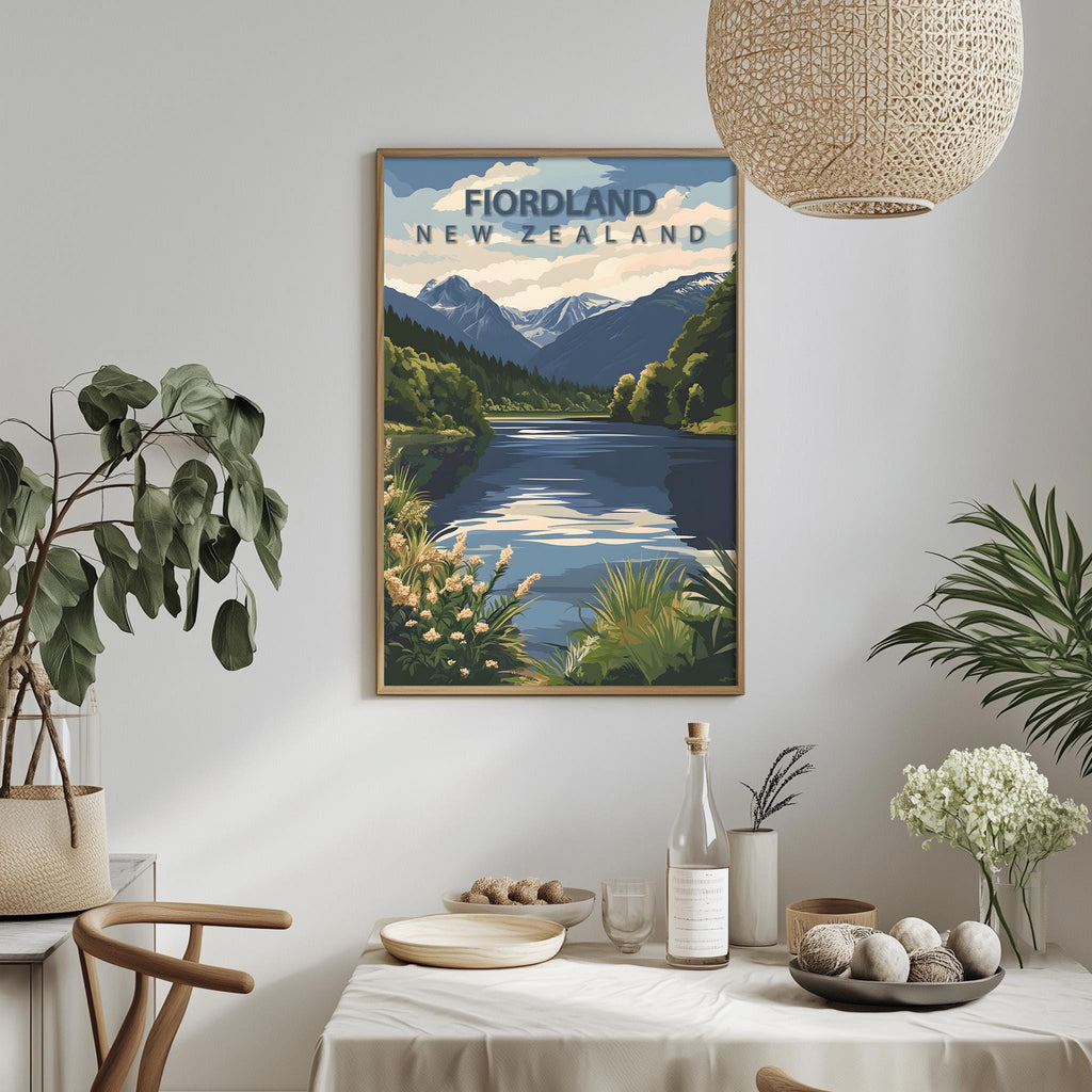 a framed poster of a scenic landscape with mountains, a lake, and lush vegetation, hanging on a wall above a dining table with various decorative items and plants.