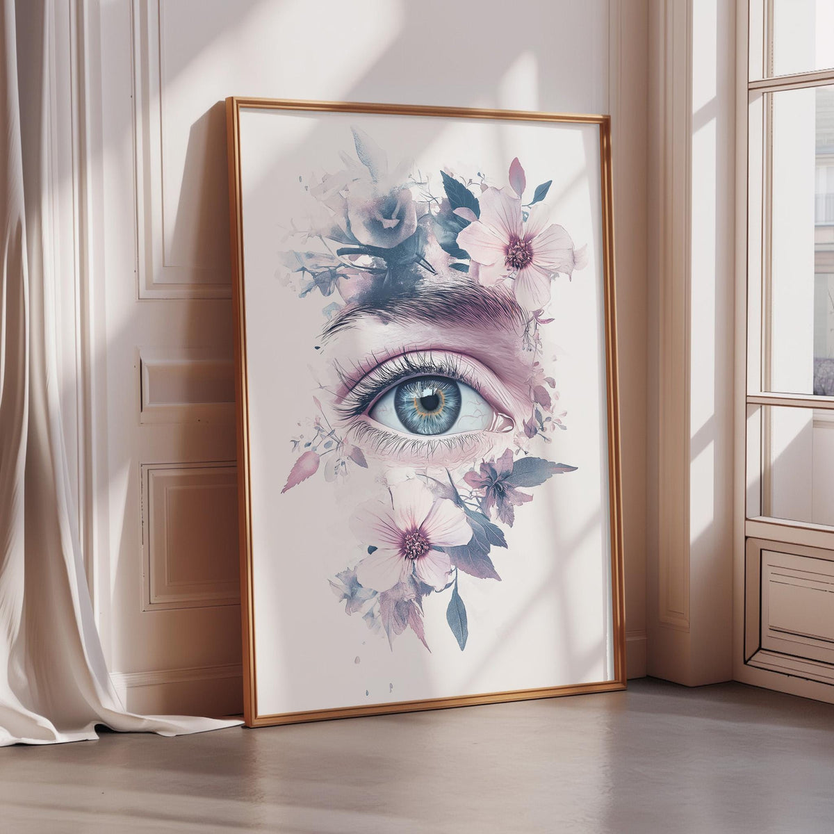 a large framed artwork depicting a close-up of a human eye surrounded by a floral design.